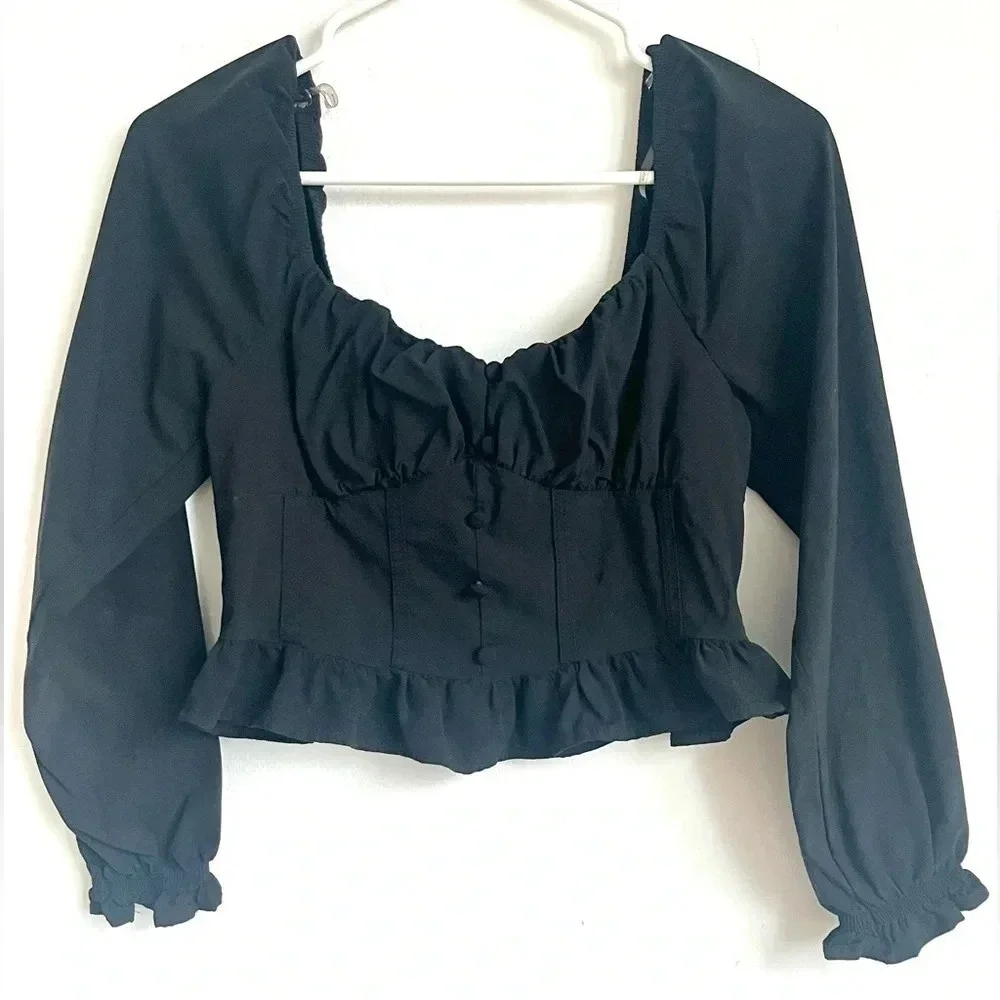 Square Neck Long Sleeve Ruffle Hem off shoulder Solid Black Crop Top size M
